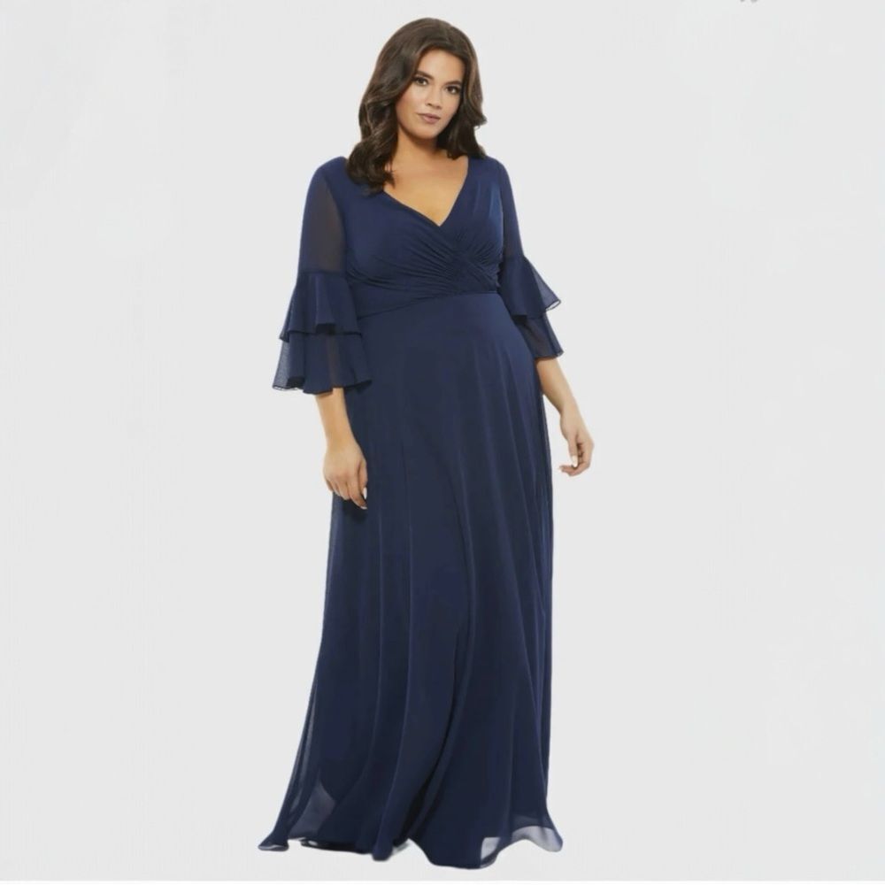 Mac Duggal 67913 Gown Plus Size 24w Chiffon Pleated Long Sleeve Formal Dress NWT